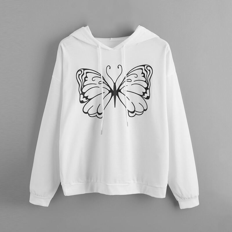 

Butterfly Print Drawstring Hoodie, White