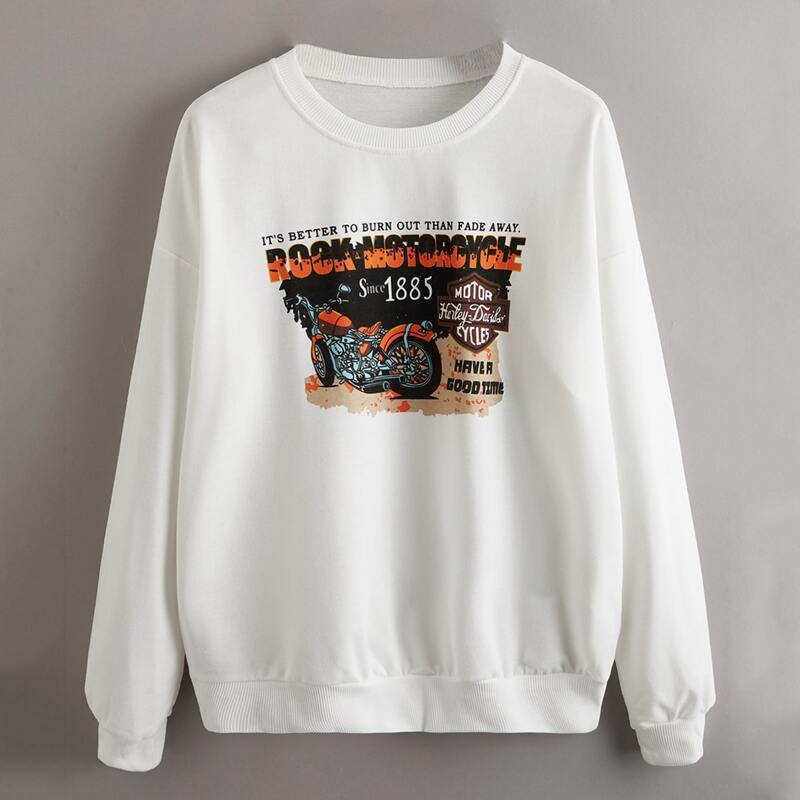

Motorcycle And Letter Graphic Sweatshirt, White