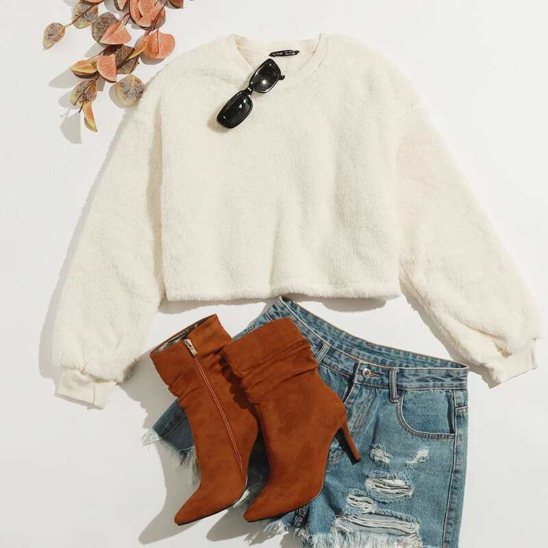 

Drop Shoulder Teddy Crop Sweatshirt, White