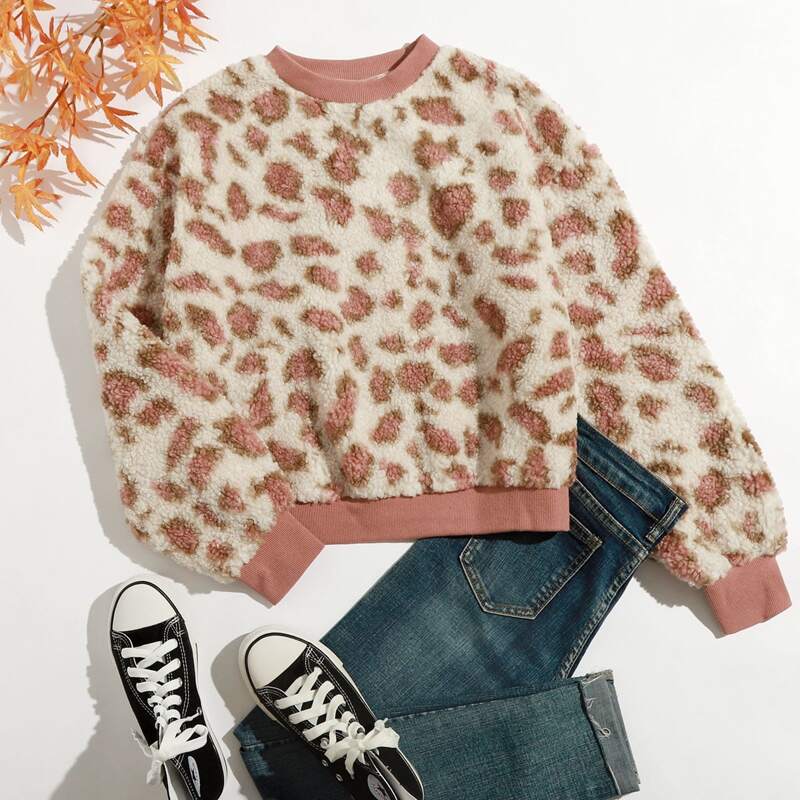 

Drop Shoulder Leopard Pattern Teddy Pullover, Multicolor