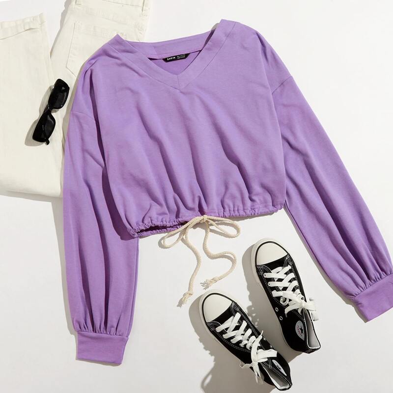 

V-neck Drawstring Hem Crop Sweatshirt, Lilac purple