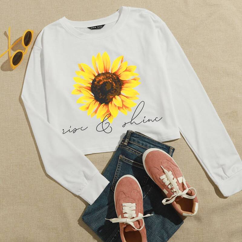 

Letter & Sunflower Print Crop Sweatshirt, White