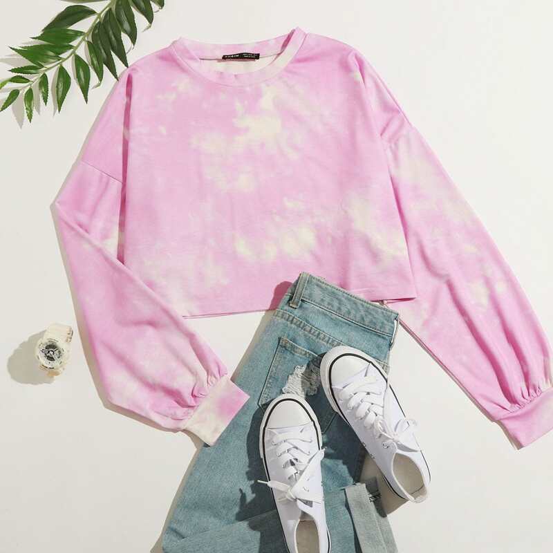 

Drop Shoulder Tie Dye Oversized Crop Sweatshirt, Pink