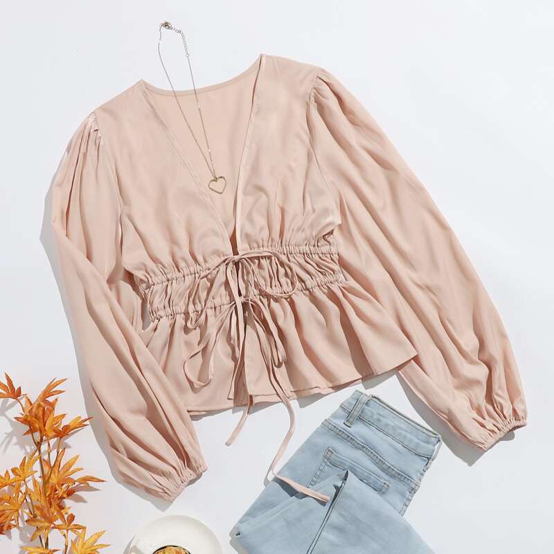 

Tie Front Ruched Peplum Top, Baby pink