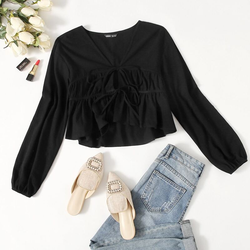 

Tie Front Ruched Top, Black