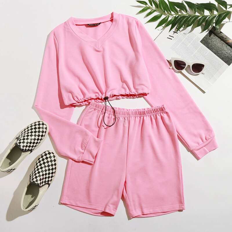 

Solid Drawstring Hem Top With Biker Shorts, Baby pink