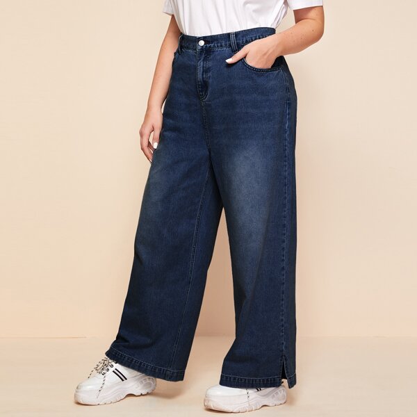 

Plus Elastic Waist Slit Hem Wide Leg Jeans, Dark wash