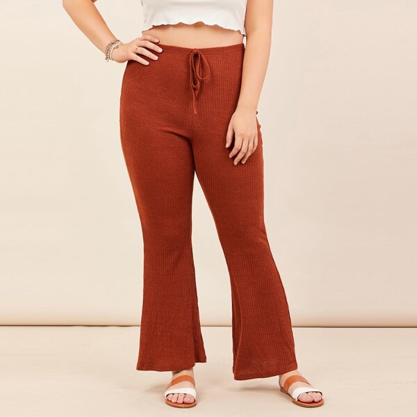 

Plus Knot Waist Rib-knit Flare Leg Pants, Rust brown