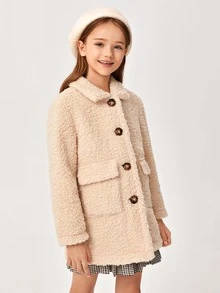 SHEIN Girls Button Front Teddy Coat - Apricot - View 3