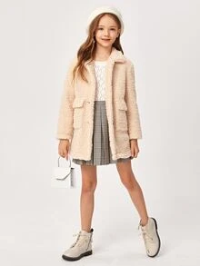 SHEIN Girls Button Front Teddy Coat - Apricot - View 4