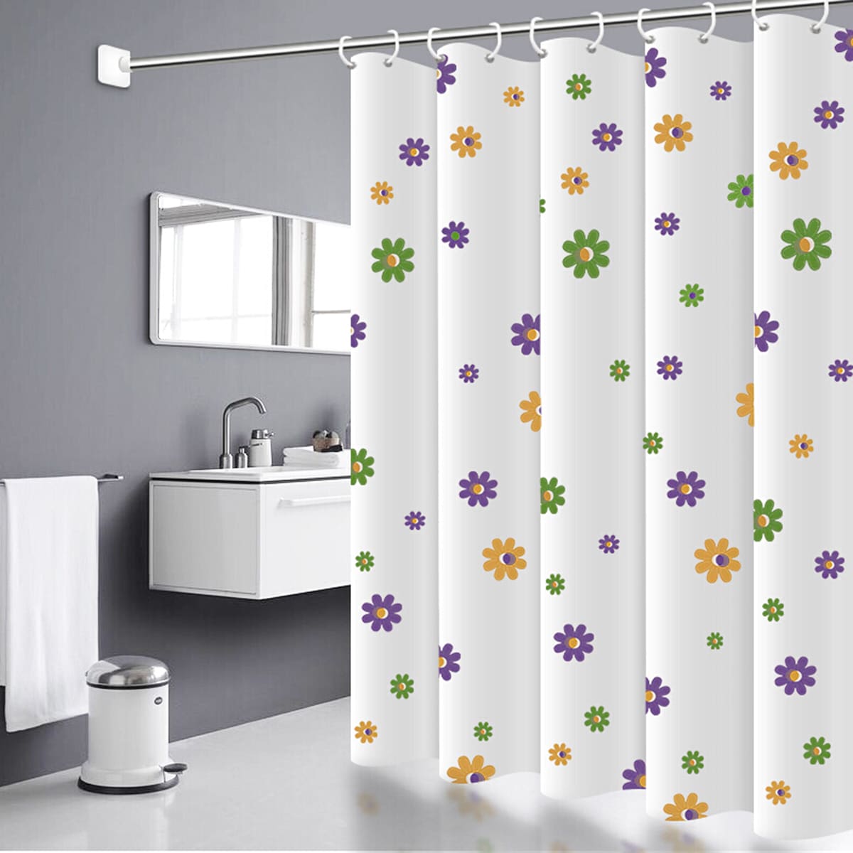

Flower Print Shower Curtain With 12hooks, Multicolor