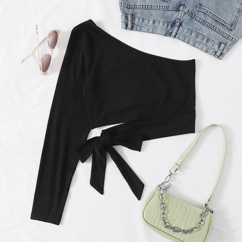 

Solid One Shoulder Bow Crop Top, Black