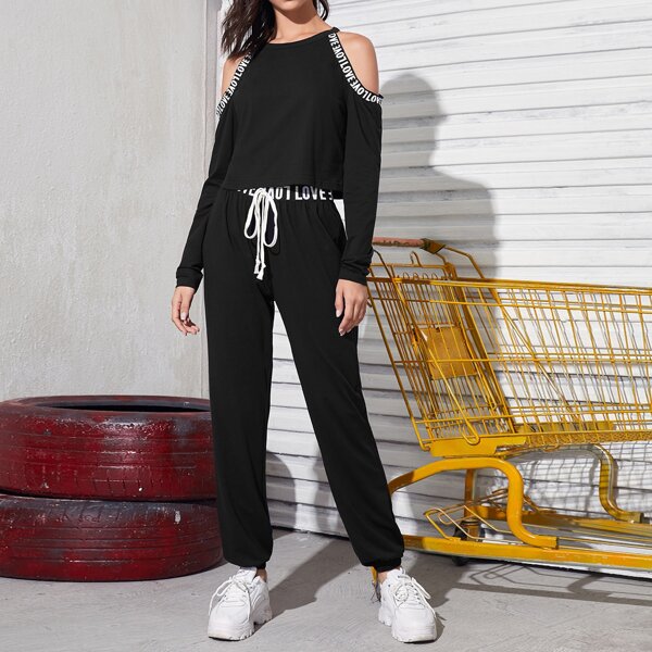 

Letter Graphic Cold Shoulder Top & Knot Waist Sweatpants Set, Black