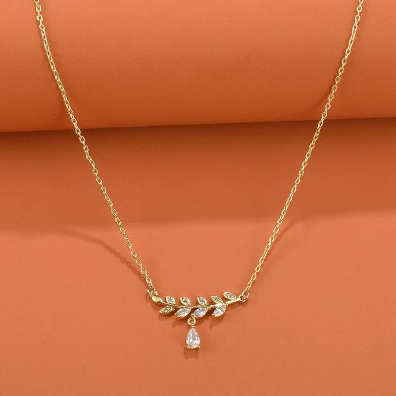 

Rhinestone Leaf Charm Necklace, Gold