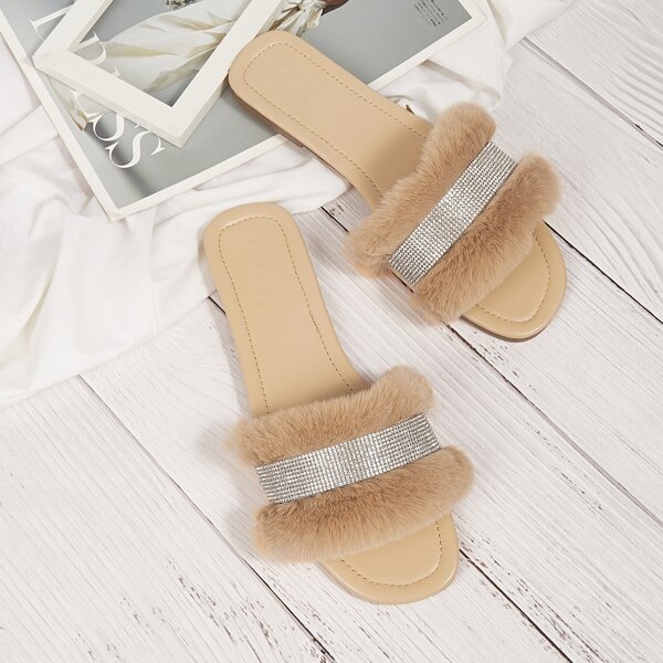 

Rhinestone & Faux Fur Decor Slide Sandals, Apricot