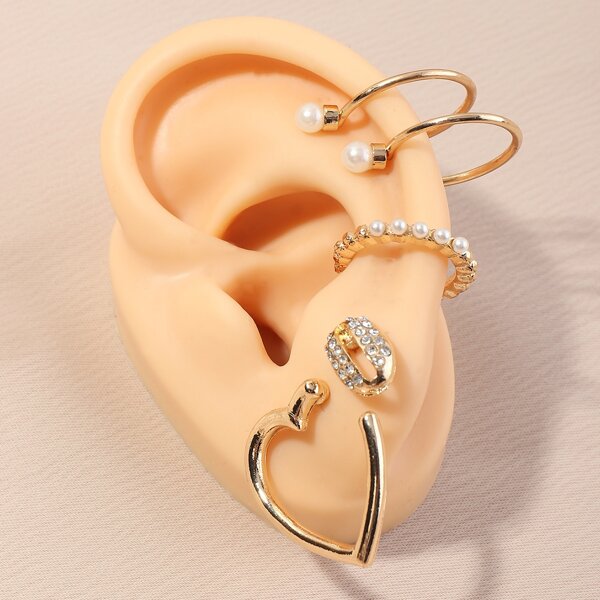 

5pcs Rhinestone & Faux Pearl Decor Ear Cuff, Gold