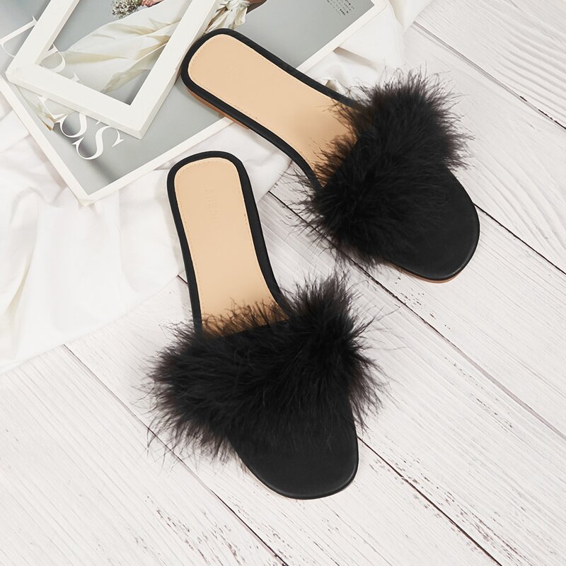 

Faux Fur Decor Slide Sandals, Black
