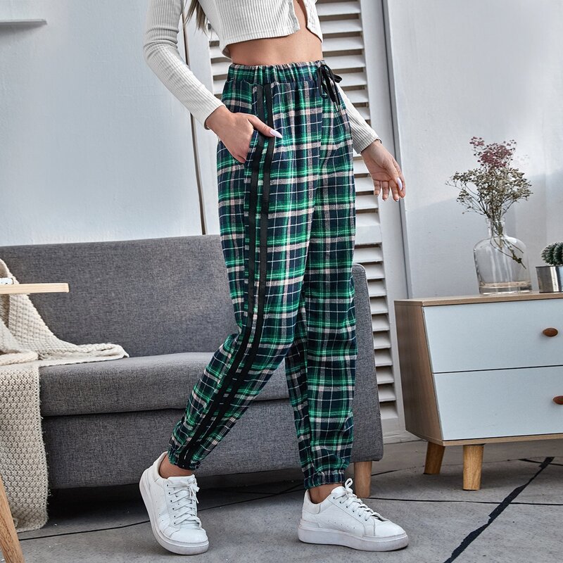 

Tie Front Striped Side Plaid Pants, Multicolor