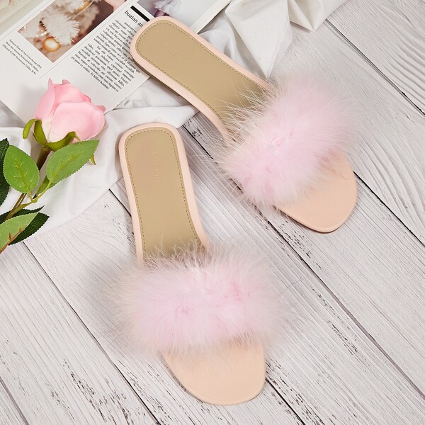 

Faux Fur Decor Slide Sandals, Baby pink