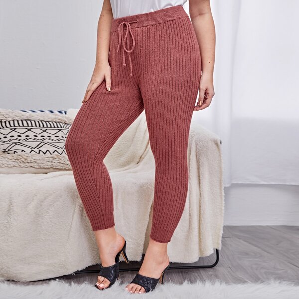 

Plus Solid Drawstring Waist Knit Pants, Redwood