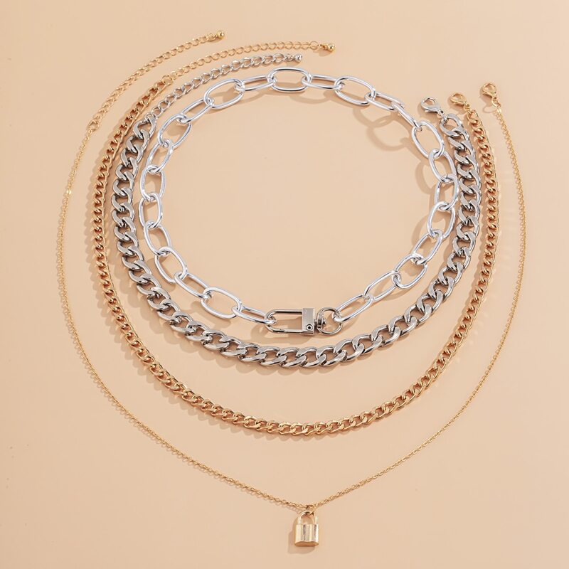 

4pcs Lock Chunky Chain Necklace, Multicolor