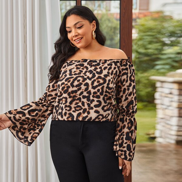 

Plus Bardot Leopard Print Flounce Sleeve Blouse, Multicolor