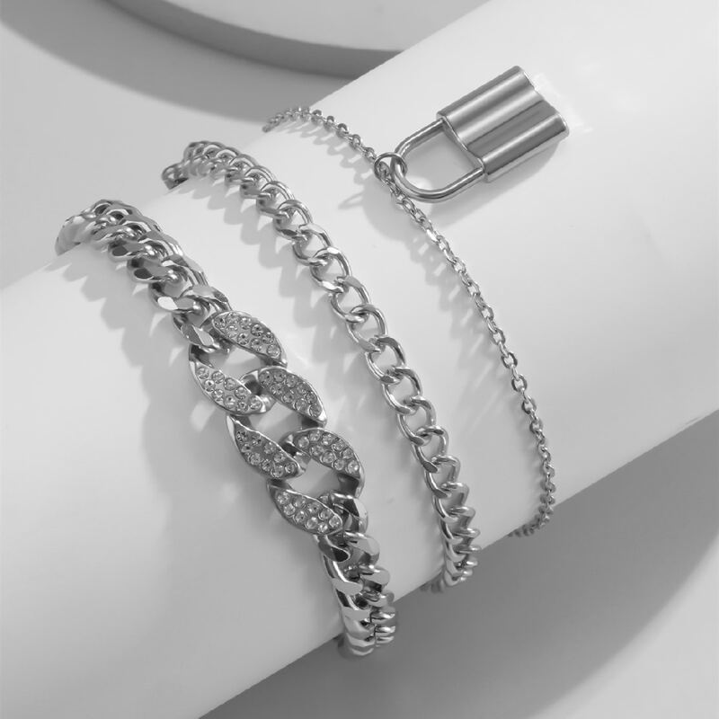 

3pcs Rhinestone Lock Chain Anklet, Silver