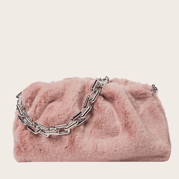 

Fluffy Chain Ruched Bag, Pink