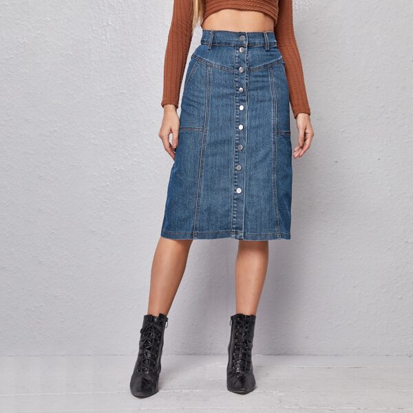 

Button Fly Panel Denim Skirt, Medium wash