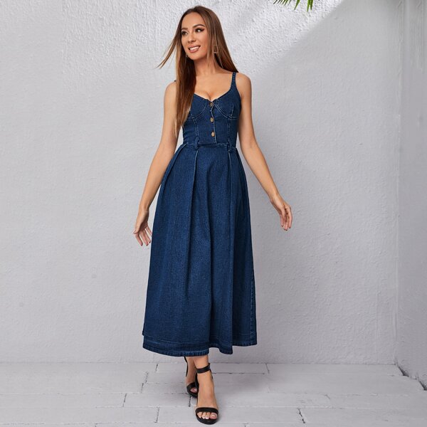 

Zipper Back Button Detail Bustier Slip Denim Dress, Dark wash