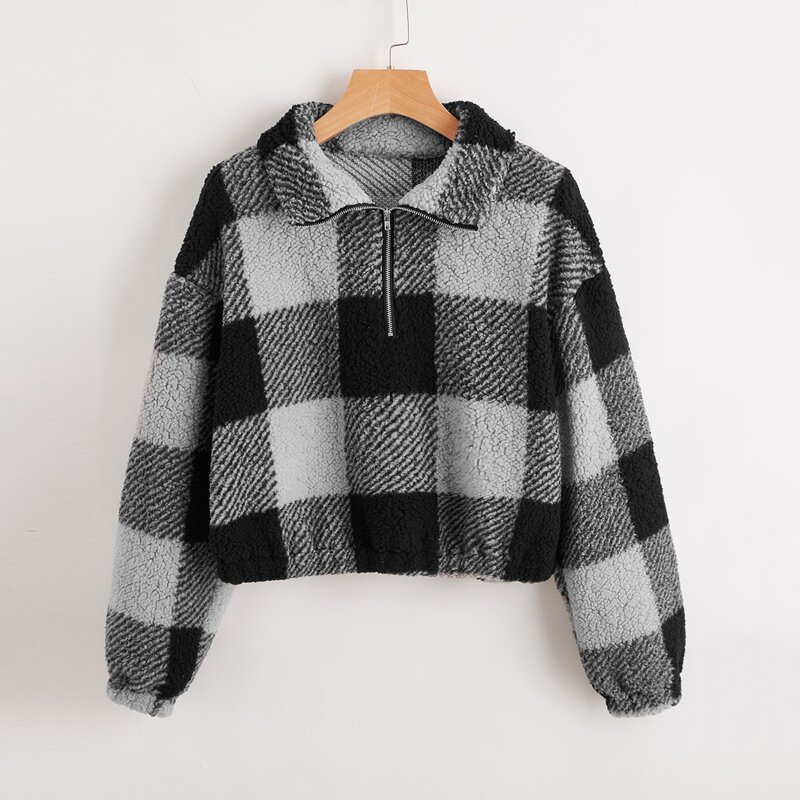 

Half-zip Plaid Crop Teddy Sweatshirt, Multicolor