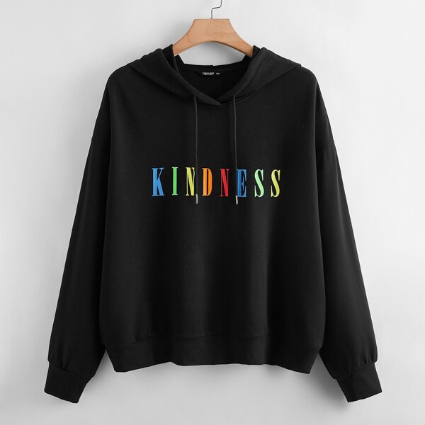 

Plus Letter Graphic Drawstring Hoodie, Black