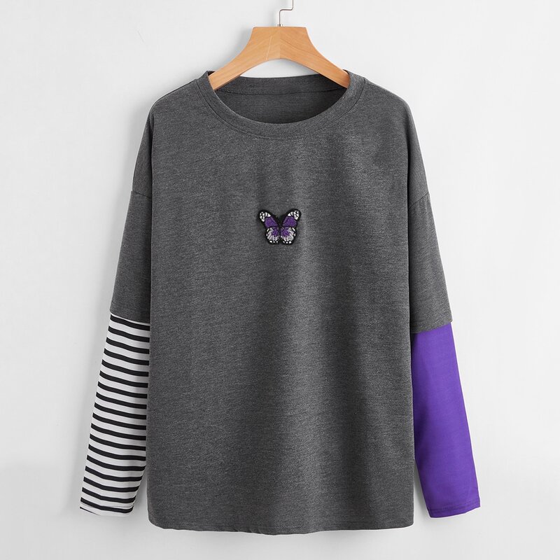 

Butterfly Embroidery Colorblock Oversized Tee, Multicolor