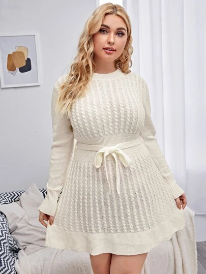 Plus Cable Knit Belted Sweater Dress | SHEIN IL
