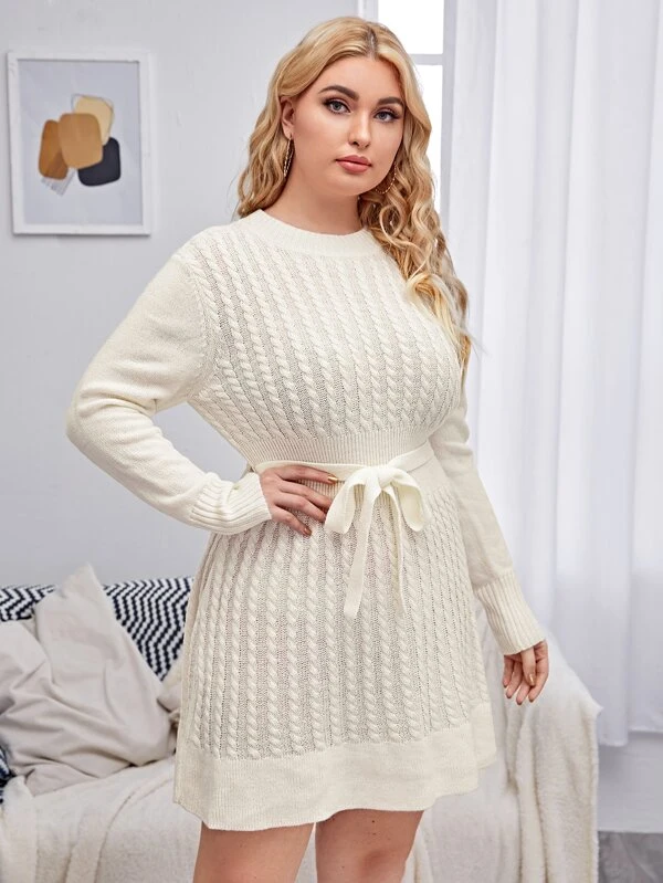 Plus Cable Knit Belted Sweater Dress
