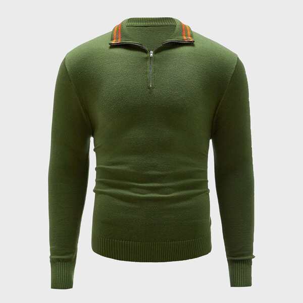 

Men Striped Collar Half Zip Sweater, Army green