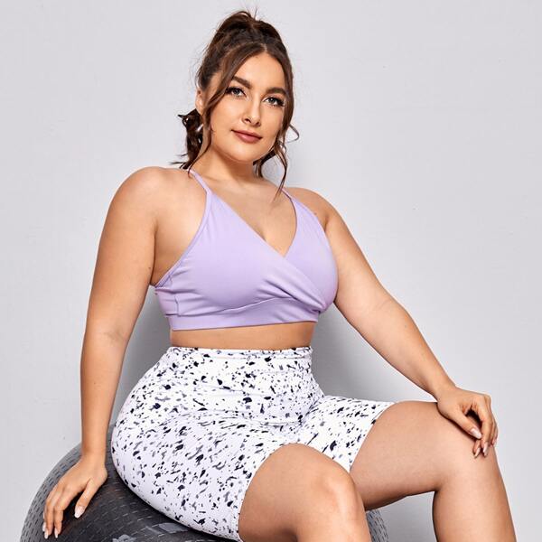 

Plus Crisscross Back Solid Sports Bra, Lilac purple