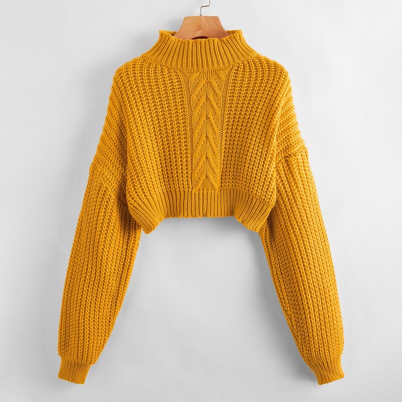 

Drop Shoulder Ribbed Knit Crop Sweater, Bright mustard yellow