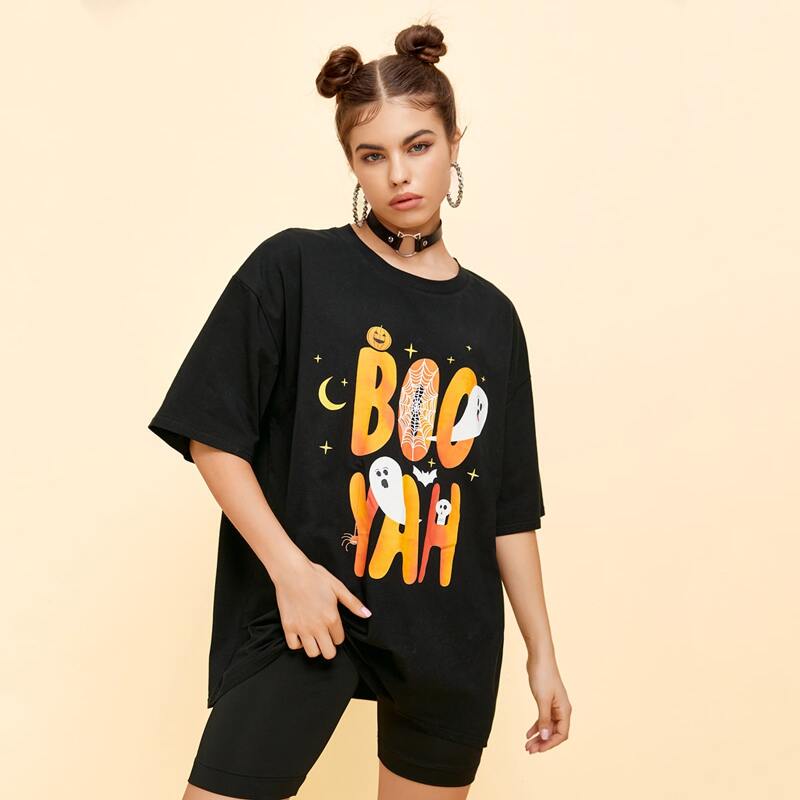 

Halloween Letter Graphic Oversized Tee, Black
