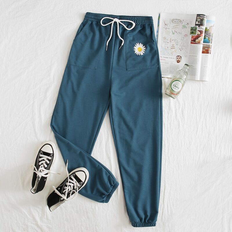 

Daisy Graphic Pocket Sweatpants, Teal blue