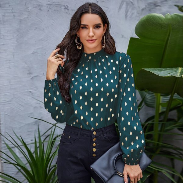 

Gold Polka Dotted Keyhole Back Blouse, Dark green