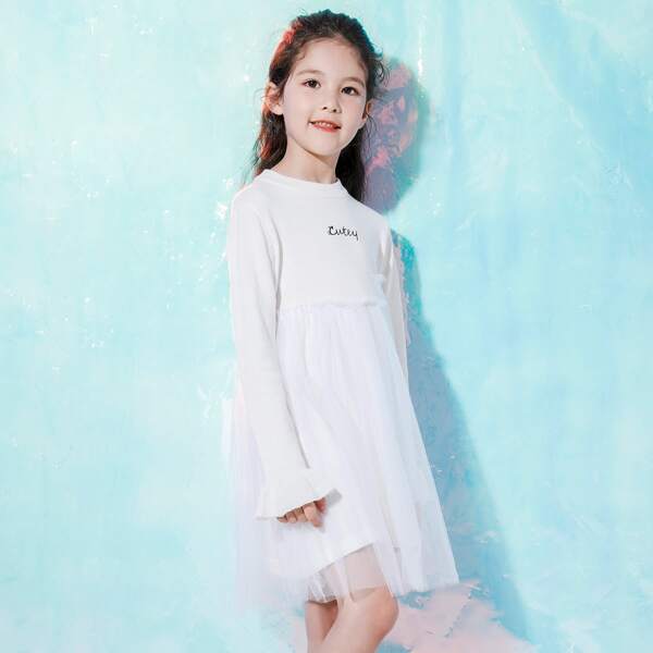 

Girls Letter Embroidery Mesh Panel Sweater Dress, White