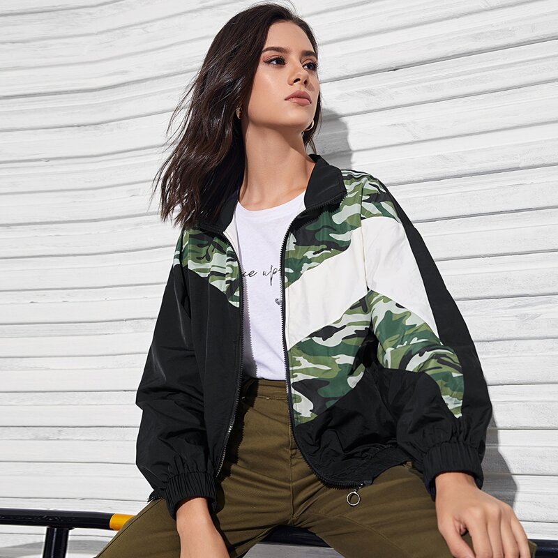 

Collared Zip Up Colorblock Camo Panel Jacket, Black