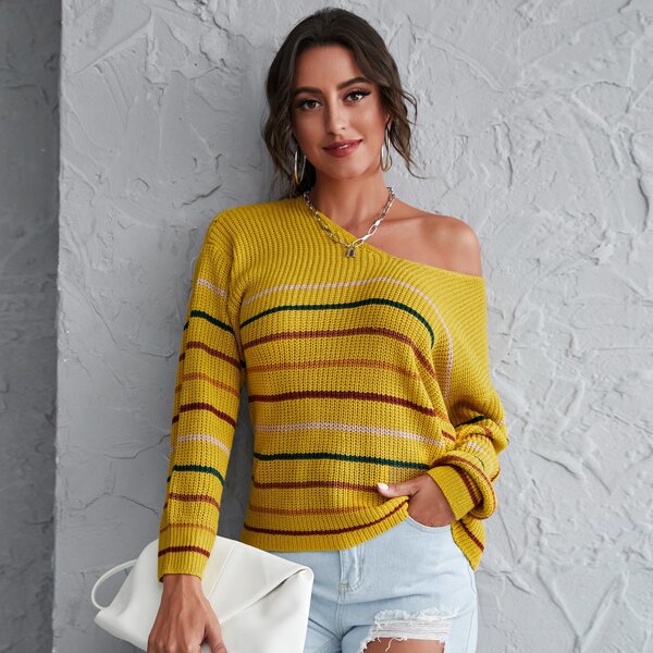 

Drop Shoulder Striped Sweater, Yellow