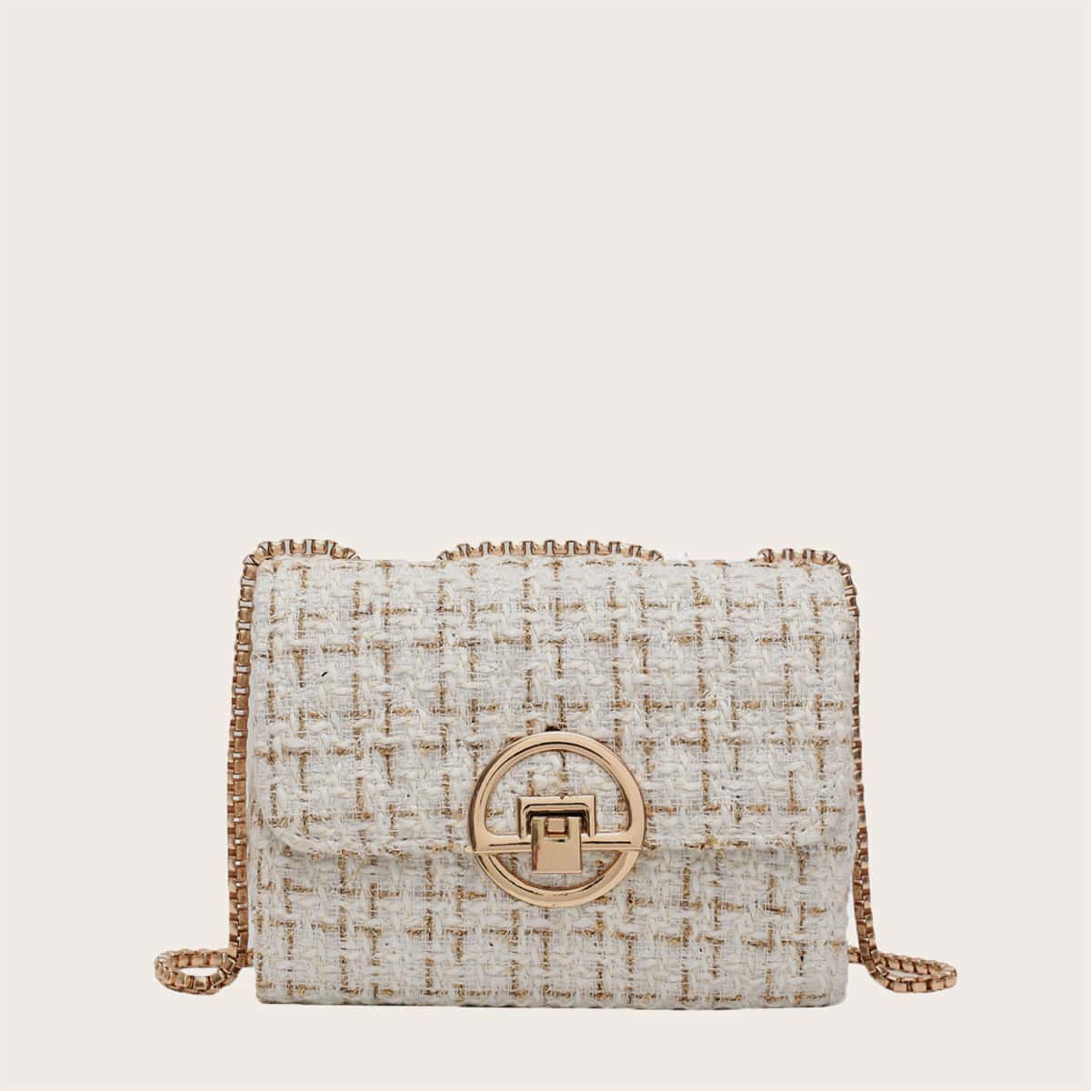 

Metal Lock Tweed Flap Shoulder Bag, White