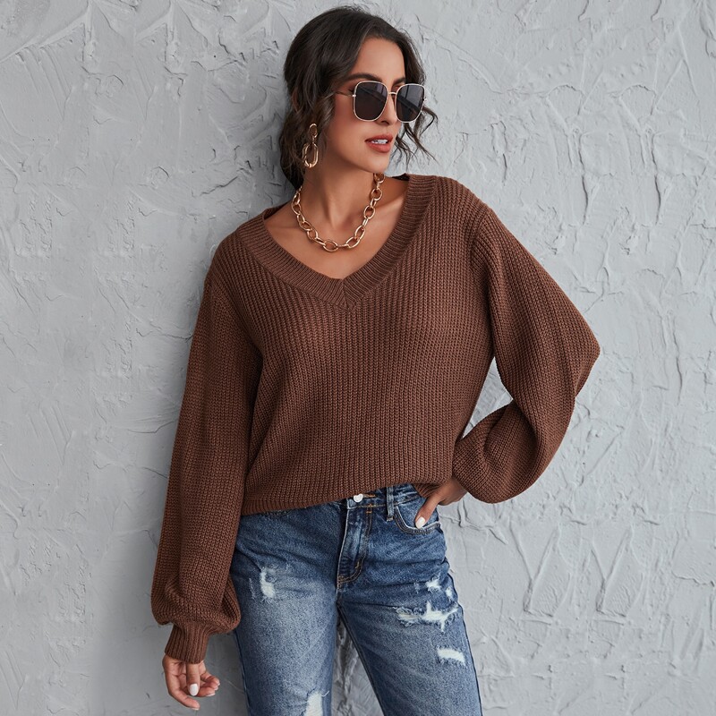 

Drop Shoulder Rib-knit Solid Sweater, Brown