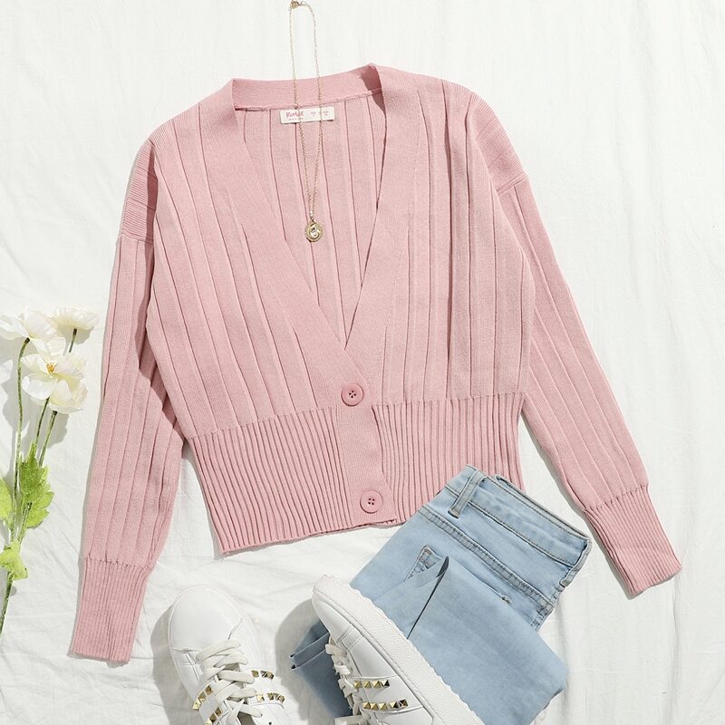 

Solid Ribbed Button Front Cardigan, Dusty pink