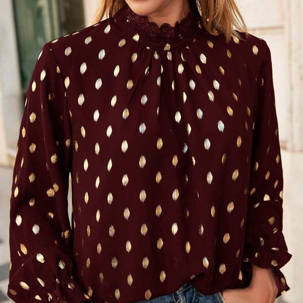 

Gilding Dot Lace Insert Flounce Sleeve Blouse, Maroon