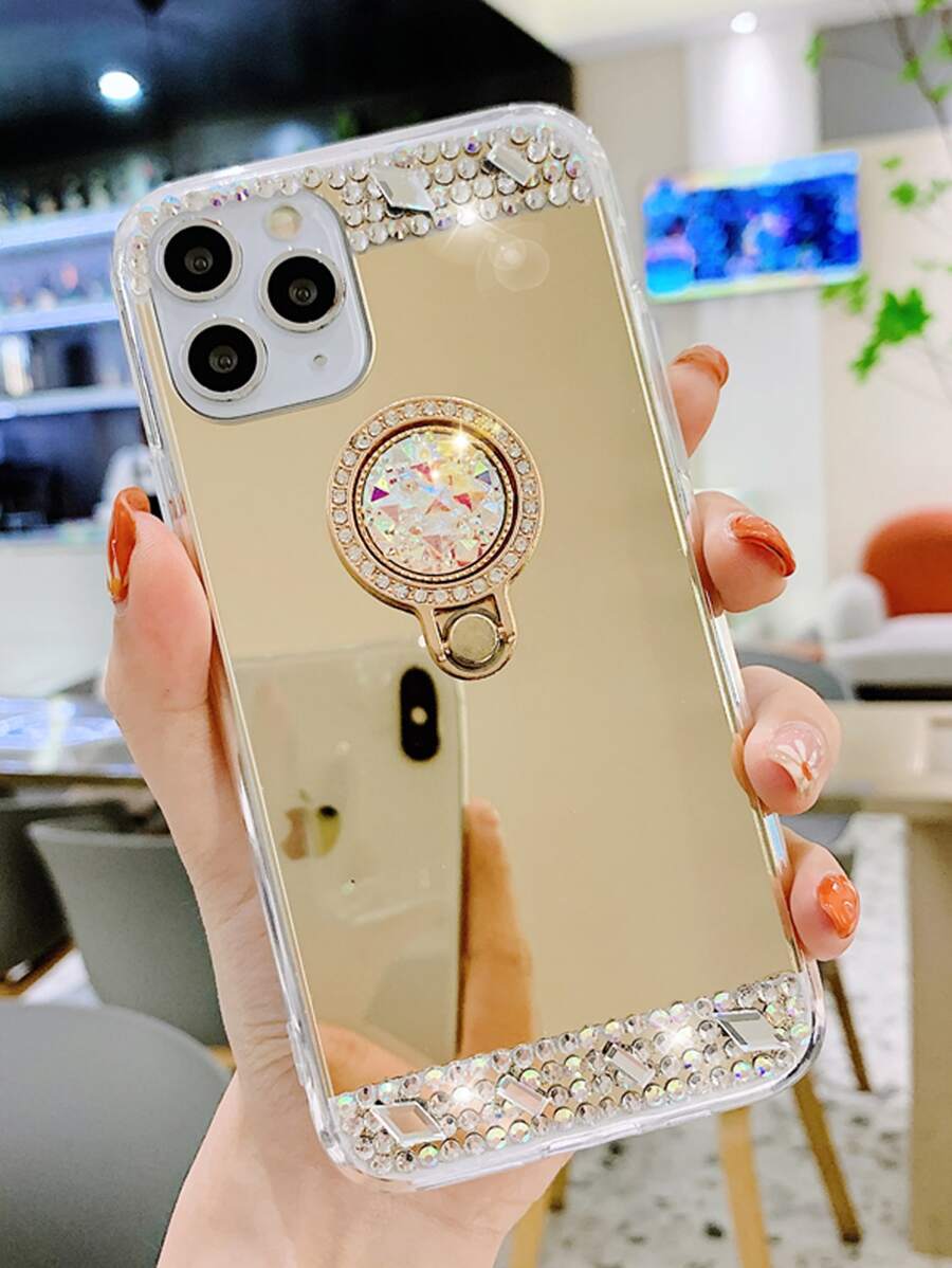 Luxury Fashion Bling Gemstone Studded Electroplated Mirror Iphone Case With Stand compatible with iphone 15 Pro Max/14 Plus - Gold - View 1