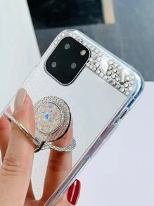 水鑽裝飾鏡子設計鑽石保護套適用於iPhone帶圓環支架 - 銀色 - 查看 2